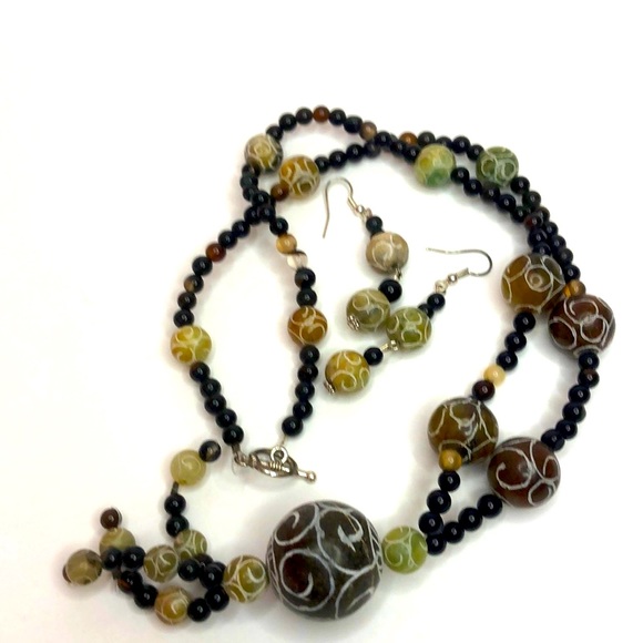Sterling Silver Plated Rainbow Obsidian Alabaster Bead Necklace And Earrings Set - Picture 2 of 9
